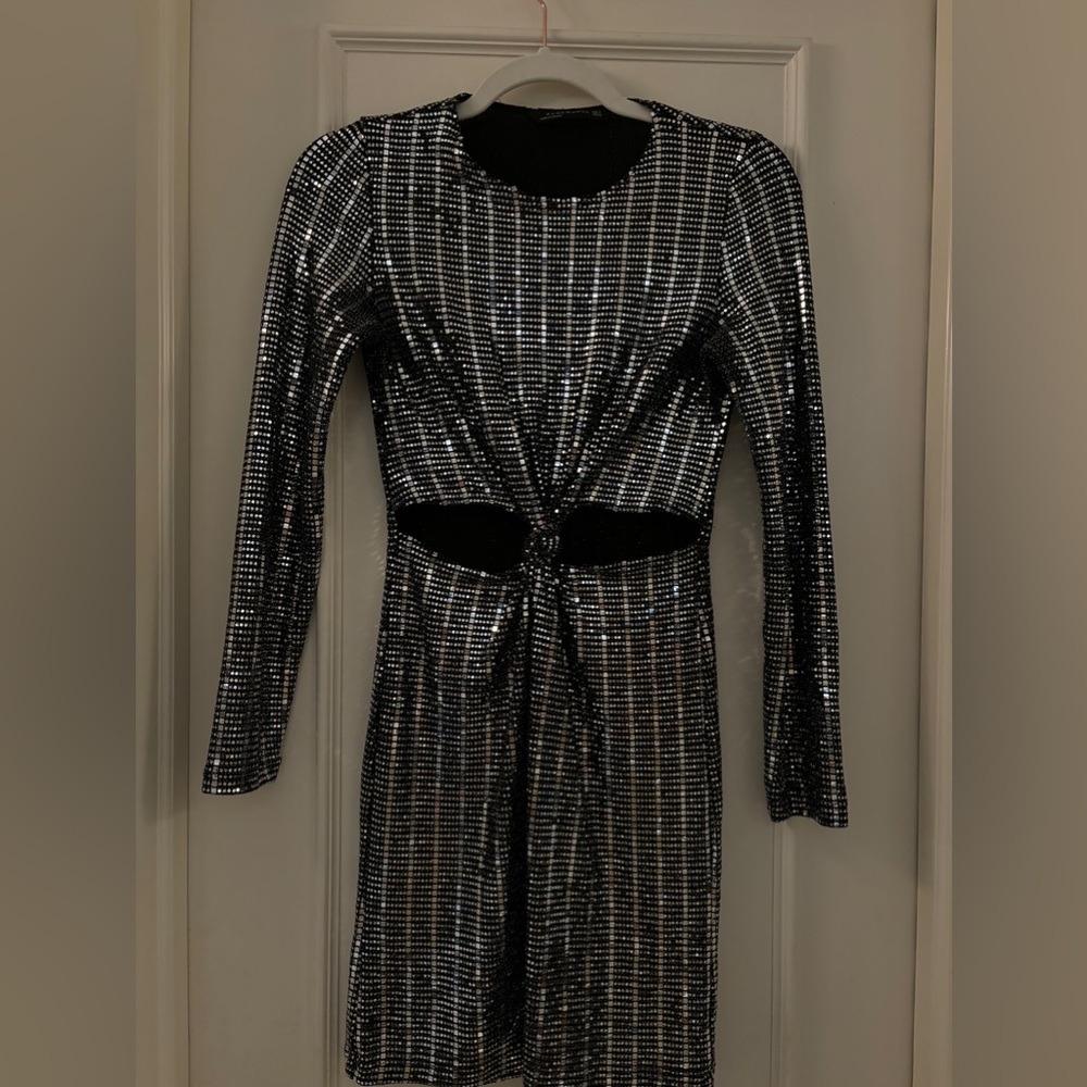 Zara Silver Sequin Knot Cutout Mini Dress